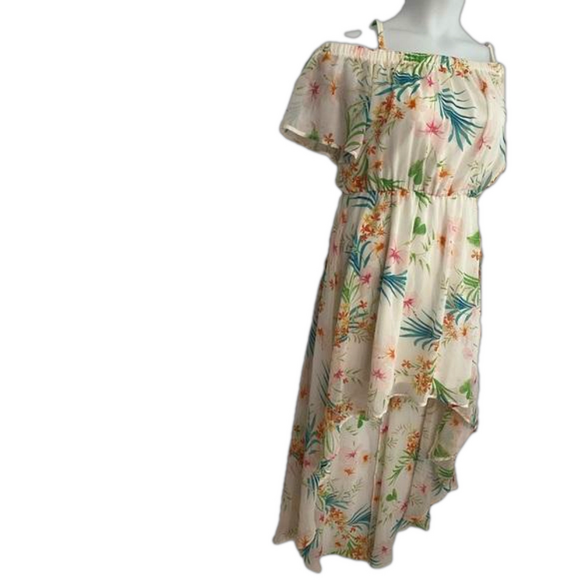 AS U WISH Cream & Tropical Floral Print High-Low Off The Shoulder Dress SKU1122 - Picture 2 of 12